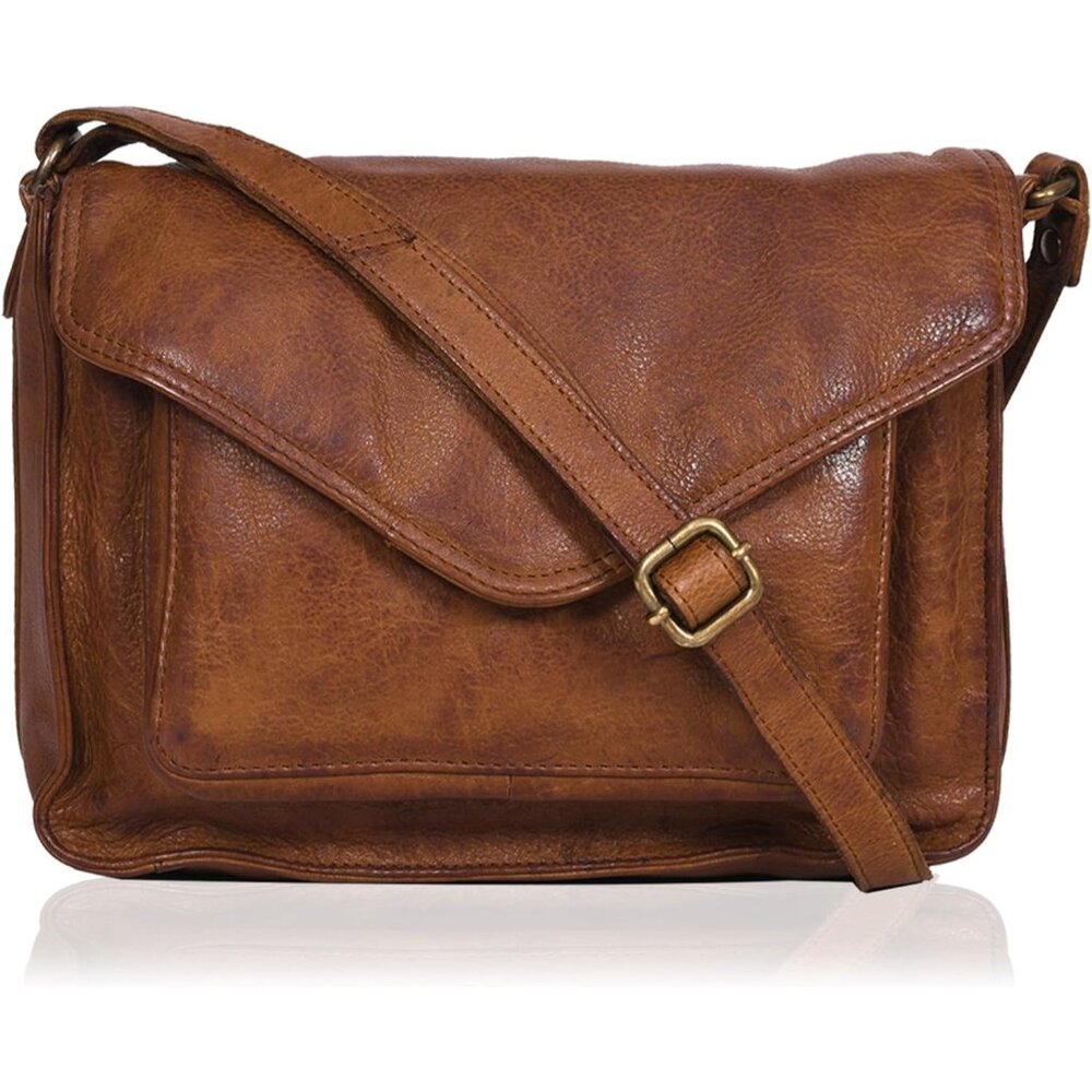〽️Women Tan Wash Leather Flapover Crossbody Handbag Adjustable Strap Tote/Bag